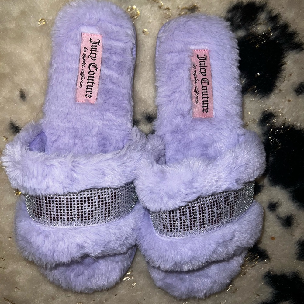 Juicy Couture Bling Fluffy Fur Slippers House Shoes